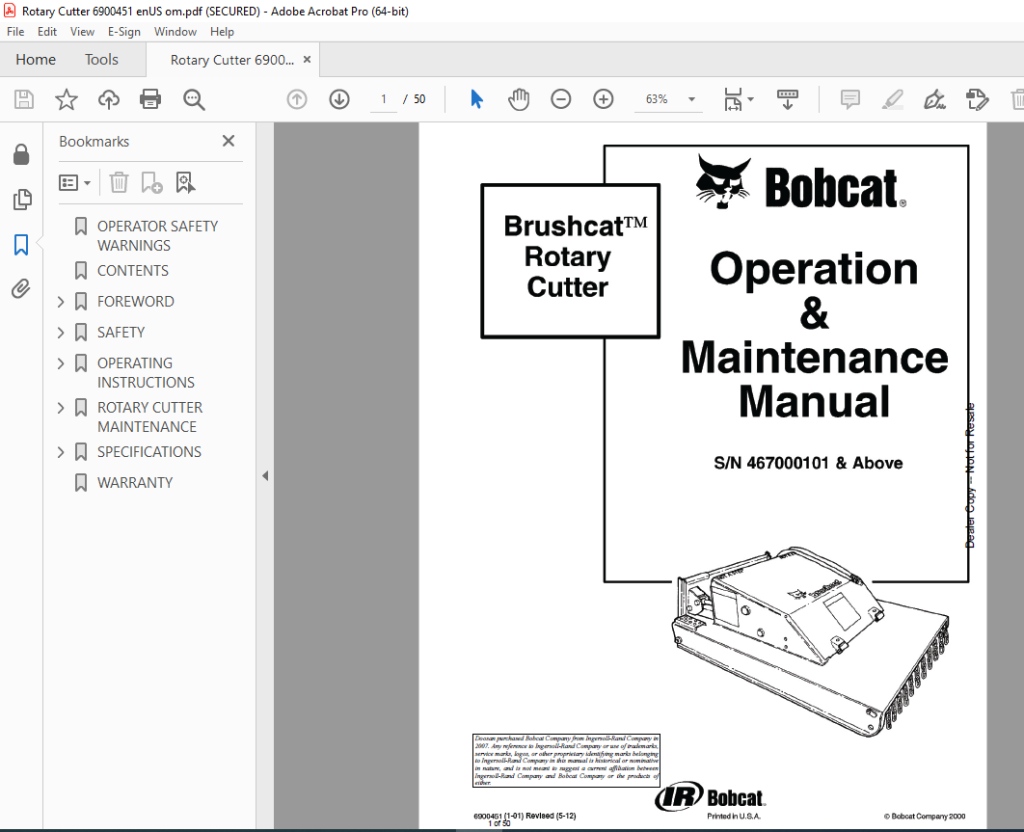 BOBCAT Brushcat™ Rotary Cutter Operation & Maintenance Manual SN