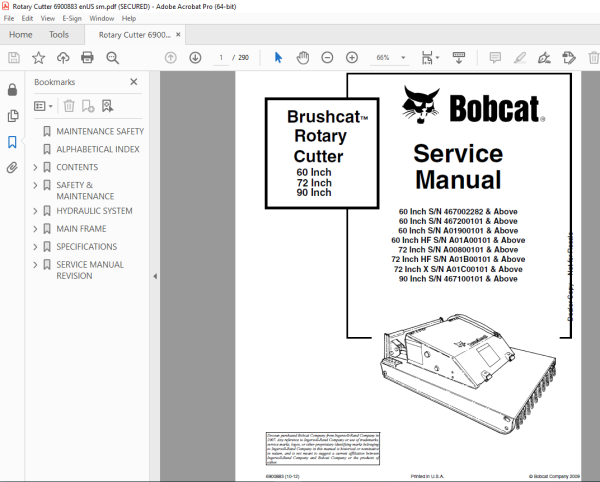 BOBCAT Brushcat™ Rotary cutter 60 Inch 72 Inch 90 Inch Service Manual