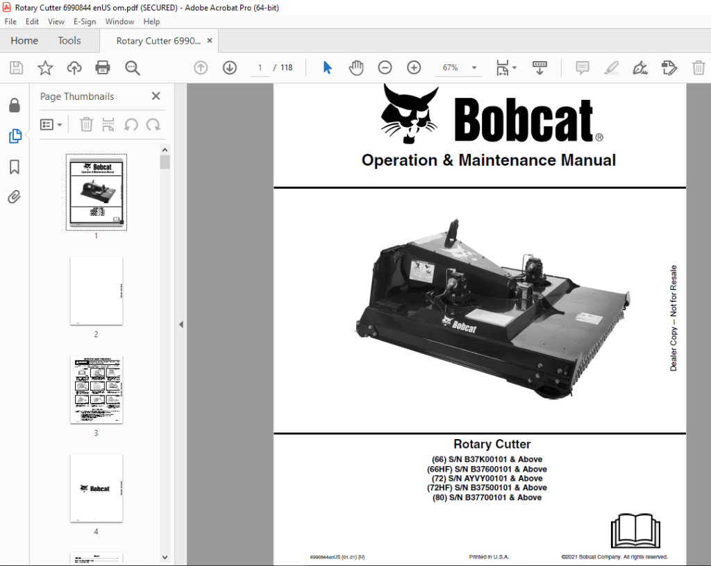 BOBCAT Rotary Cutter 66 66HF 72 72HF 80 Operation & Maintenance Manual