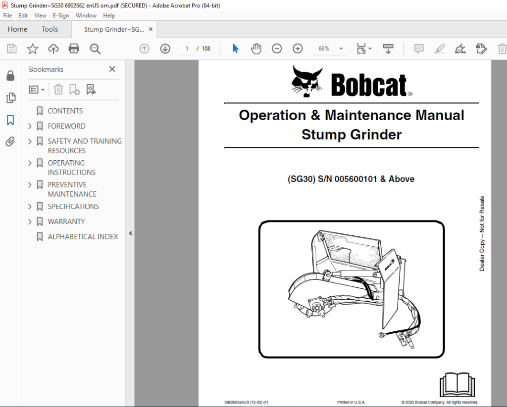 BOBCAT SG30 Stump Grinder Operation & Maintenance Manual SN 005600101 ...