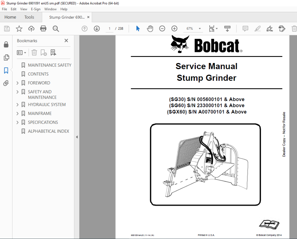 BOBCAT STUMP GRINDER SG30 SG60 SGX60 Service Manual 6901091 PDF ...