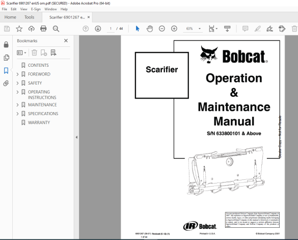 BOBCAT Scarifier Operation & Maintenance Manual SN 633800101 PDF ...