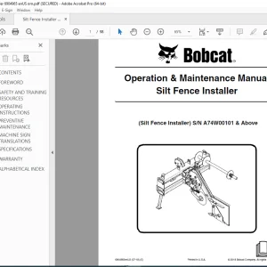BOBCAT Silt Fence Installer Operation & Maintenance Manual SN A74W00101 PDF DOWNLOAD