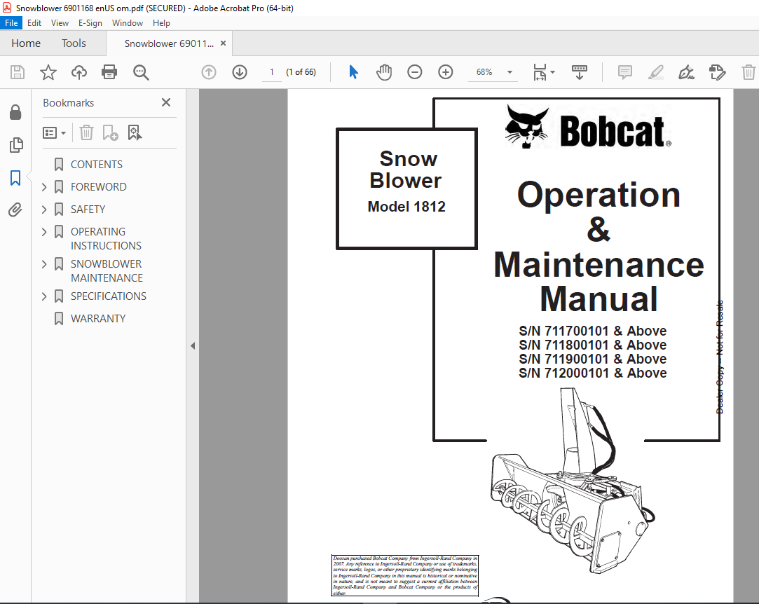 BOBCAT Snow Blower Model 1812 Operation & Maintenance Manual 6901168 ...