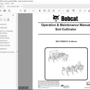 BOBCAT Soil Cultivator Operation & Maintenance Manual SN 018600101  PDF DOWNLOAD