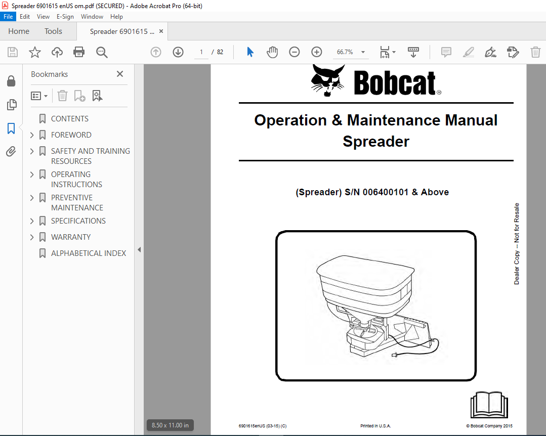 BOBCAT Spreader Operation & Maintenance Manual SN 006400101 PDF ...