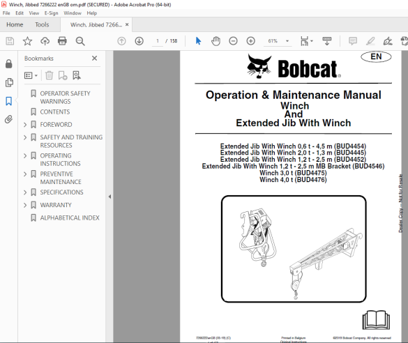 BOBCAT Winch And Extended Jib With Winch Operation & Maintenance Manual ...