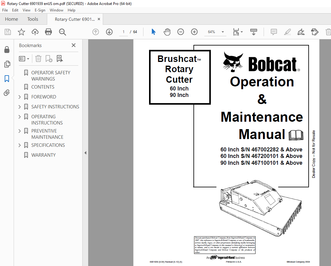 BOBCAT Brushcat™ Rotary Cutter 60 inch 90 inch Operation & Maintenance