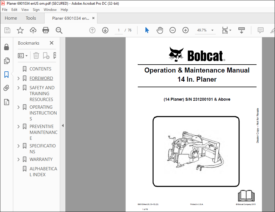 Bobcat 14 In. Planer Operation & Maintenance Manual SN 231200101 ...