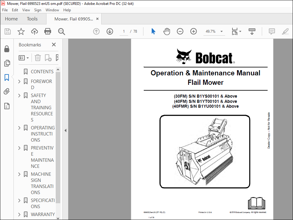 Bobcat 30FM 40FM 40FMR Flail Mower Operation & Maintenance Manual - PDF