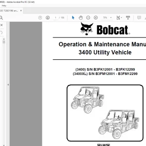 Bobcat 3400 Utility Vehicle 3400 3400XL Operation & Maintenance Manual 7280196(01-16)  -  PDF DOWNLOAD