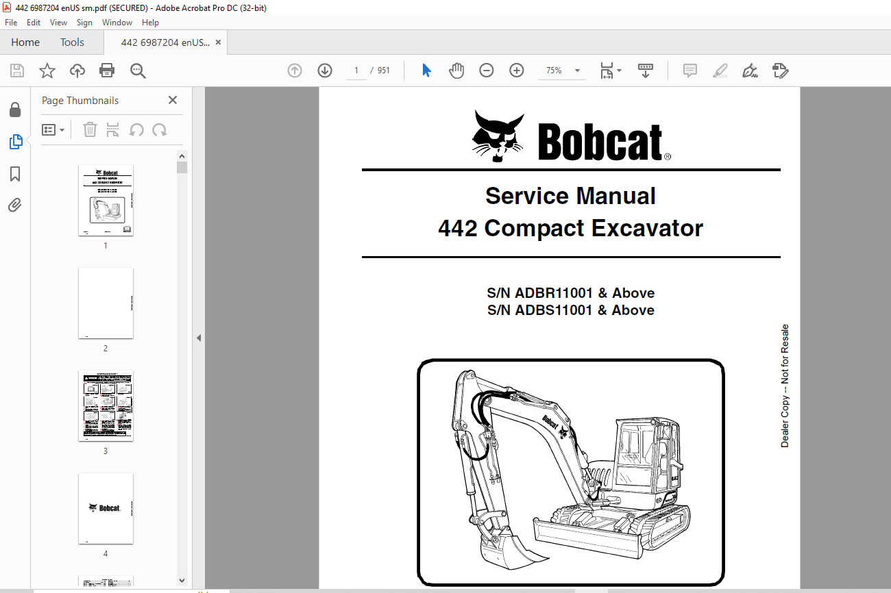 Bobcat 442 Compact Excavator Service Manual 6987204 (5-10) - PDF