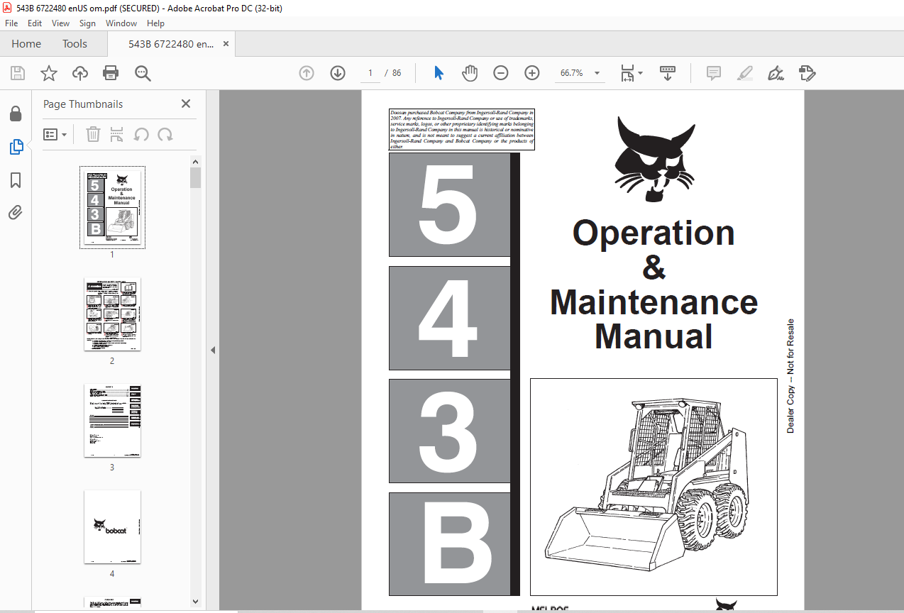 Bobcat 543B Loader Operation & Maintenance Manual 6722480 - PDF ...