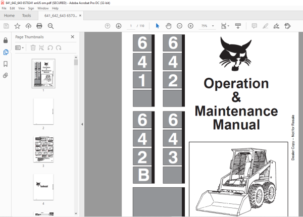 Bobcat 641 642 642B 643 Loader Operation & Maintenance Manual 6570241 ...