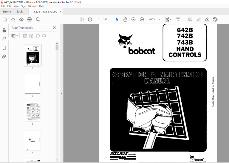 Bobcat 642B 742B 743B Hand Controls Operation & Maintenance Manual ...