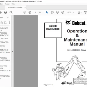 Bobcat 730SH BACKHOE Operation & Maintenance Manual SN 646500101 & Above -  PDF DOWNLOAD