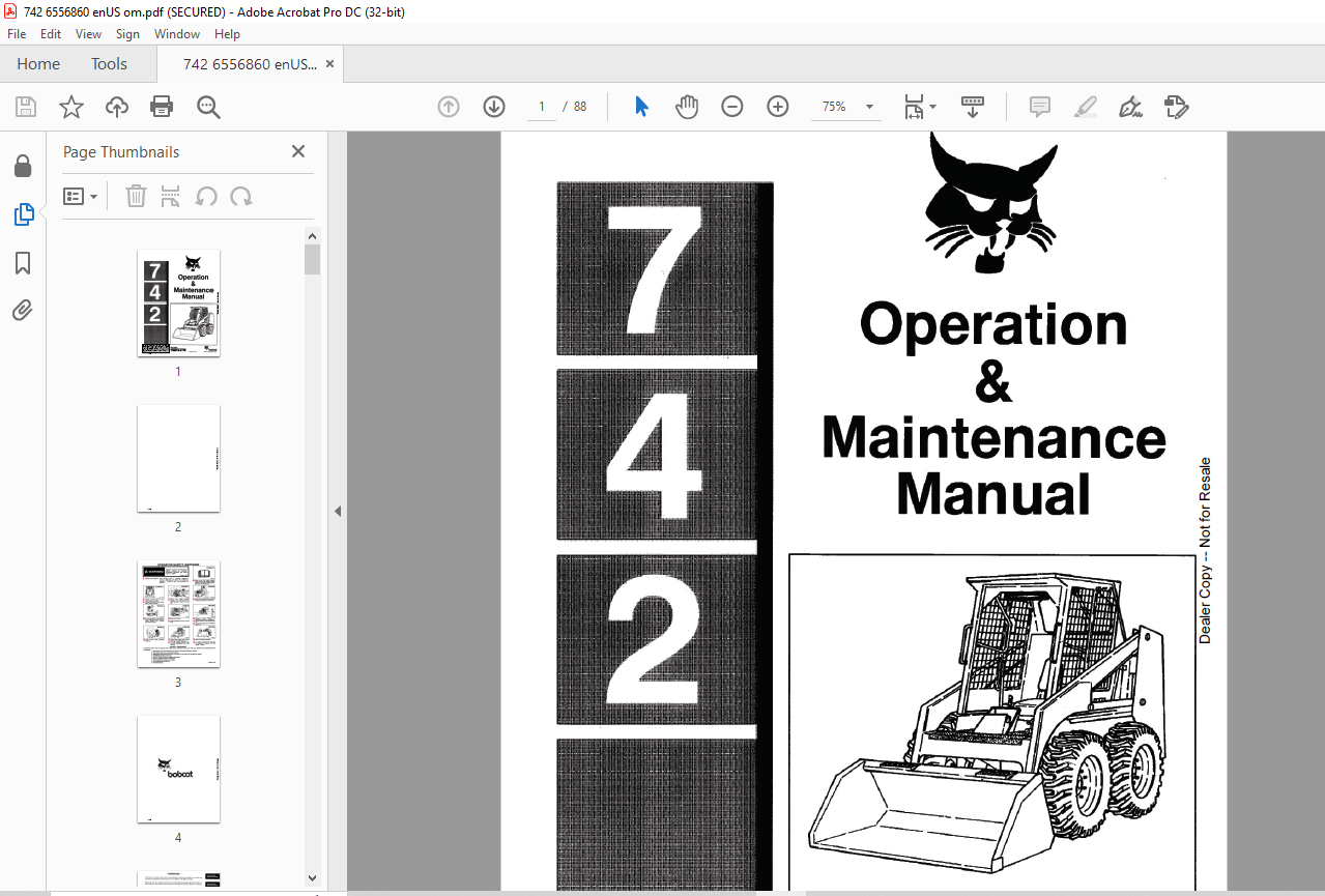 Bobcat 742 Loader Operation & Maintenance Manual - PDF DOWNLOAD ...