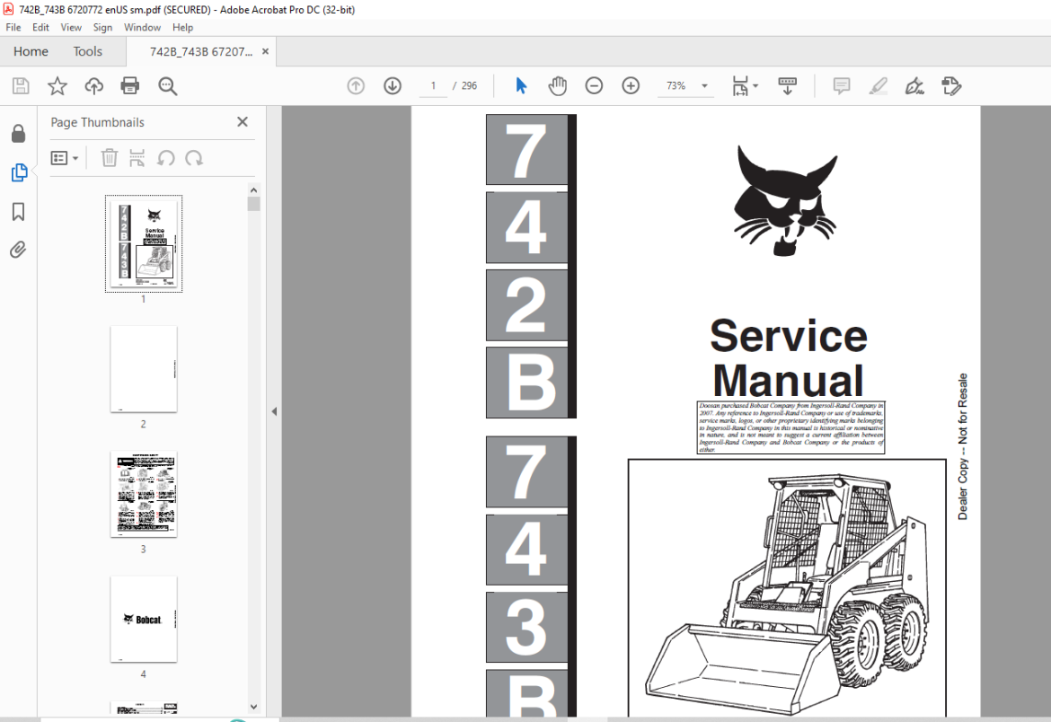 Bobcat 742B 743B Loader Service Manual 6720772 (6-12) - PDF DOWNLOAD ...