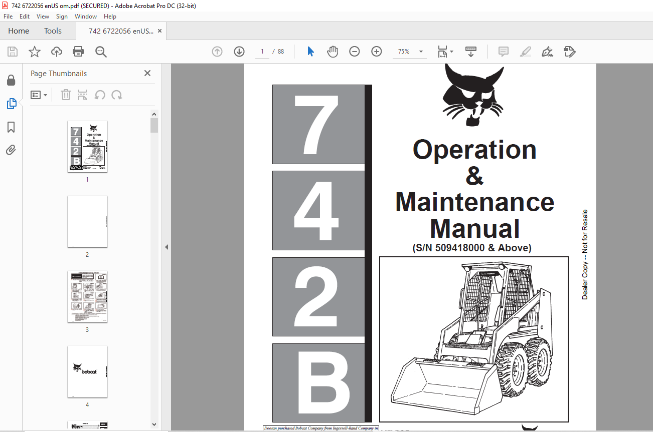 Bobcat 742B Loader Operation & Maintenance Manual SN 509418000 & Above ...