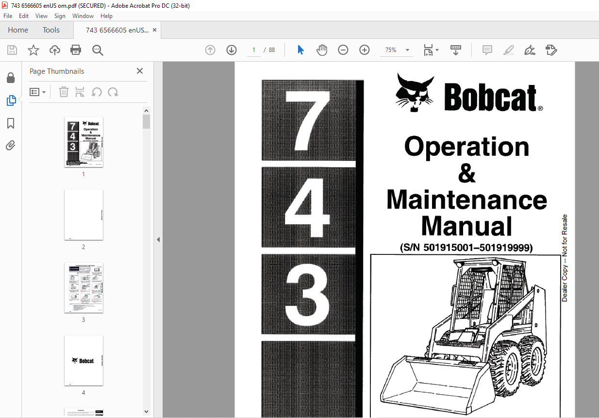 Bobcat 743 Loader Operation & Maintenance Manual SN 501915001 ...