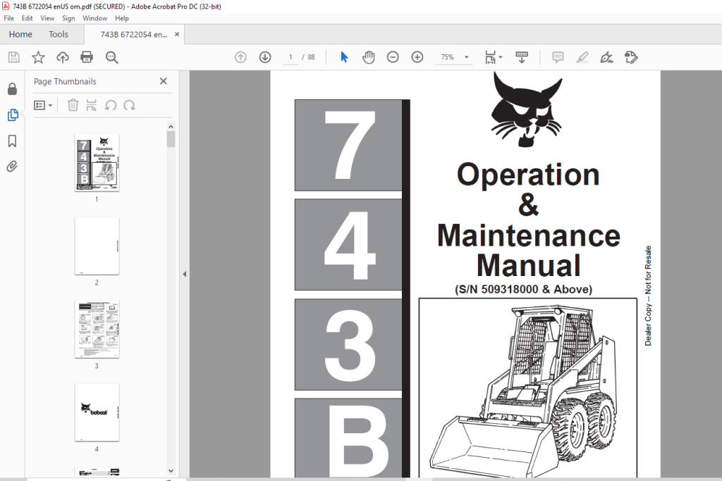 Bobcat 743B Loader Operation & Maintenance Manual SN 509318000 & Above ...