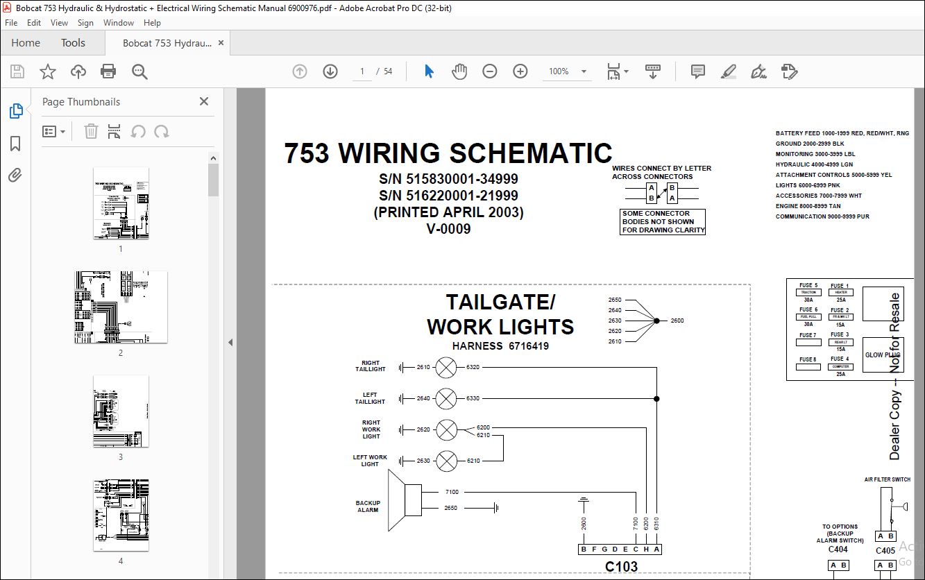 Bobcat 753 Hydraulic & Hydrostatic + Electrical Wiring Schematic Manual