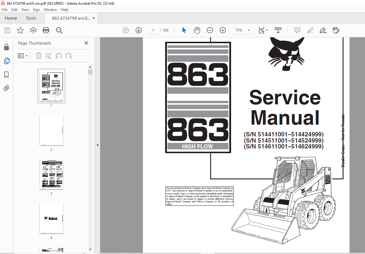 Bobcat 863 & 863 High Flow Loader Service Manual 6724799 (10-12) - PDF