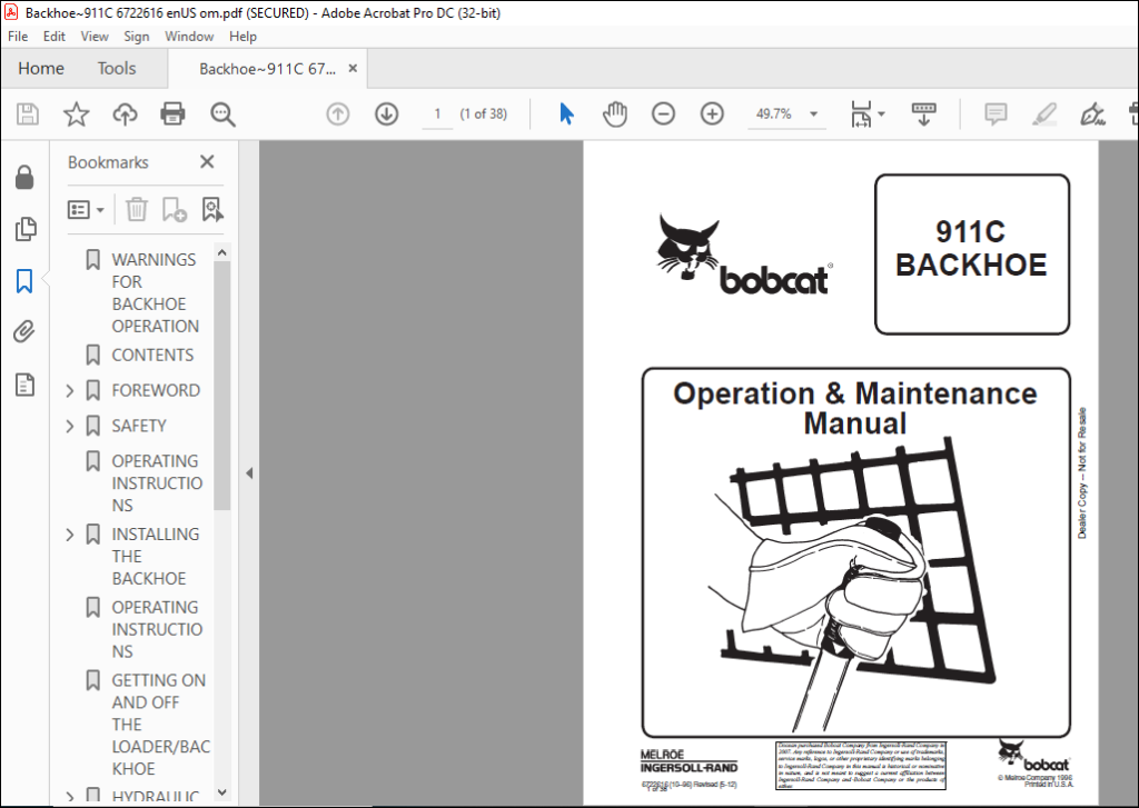 Bobcat 911C BACKHOE Operation & Maintenance Manual - PDF DOWNLOAD ...