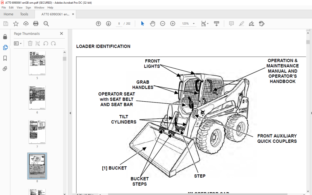 Bobcat A770 All-Wheel Steer Loader Operation & Maintenance Manual SN ...