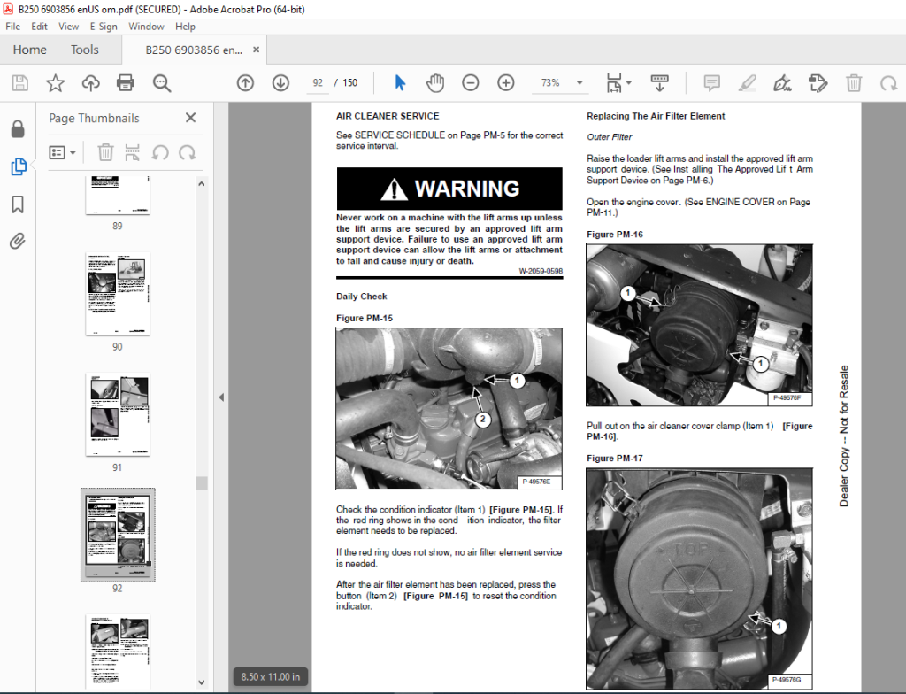 Bobcat B-250 Backhoe Loader Operation & Maintenance Manual SN 572911001 ...