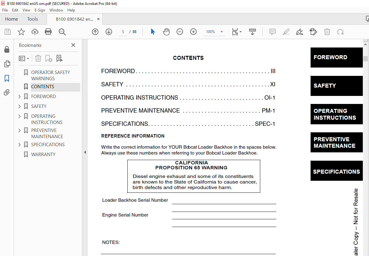 Bobcat B100 A Series Backhoe Loader Operation & Maintenance Manual ...