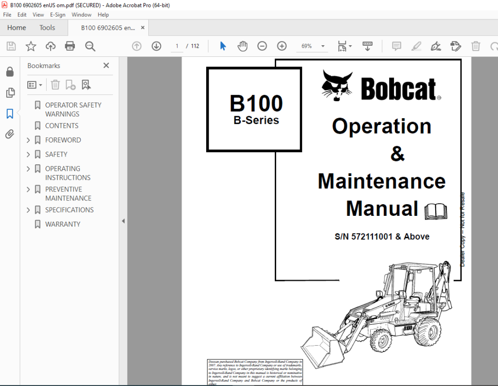 Bobcat B100 B-Series Backhoe Loader Operation & Maintenance Manual SN ...