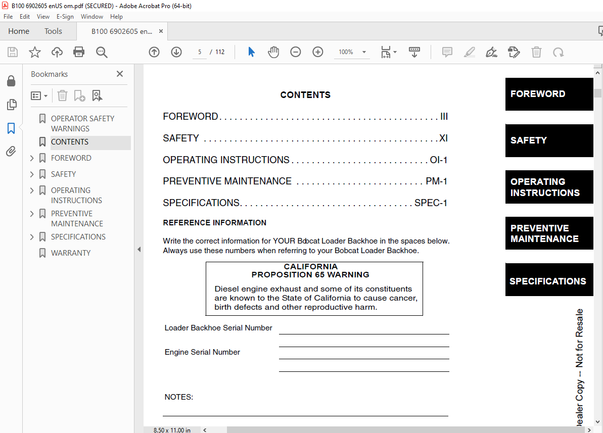 Bobcat B100 B-Series Backhoe Loader Operation & Maintenance Manual SN ...