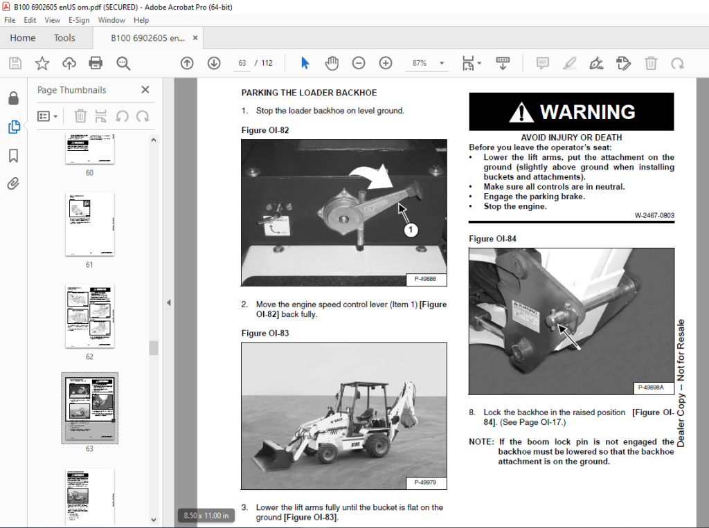 Bobcat B100 B-Series Backhoe Loader Operation & Maintenance Manual SN ...