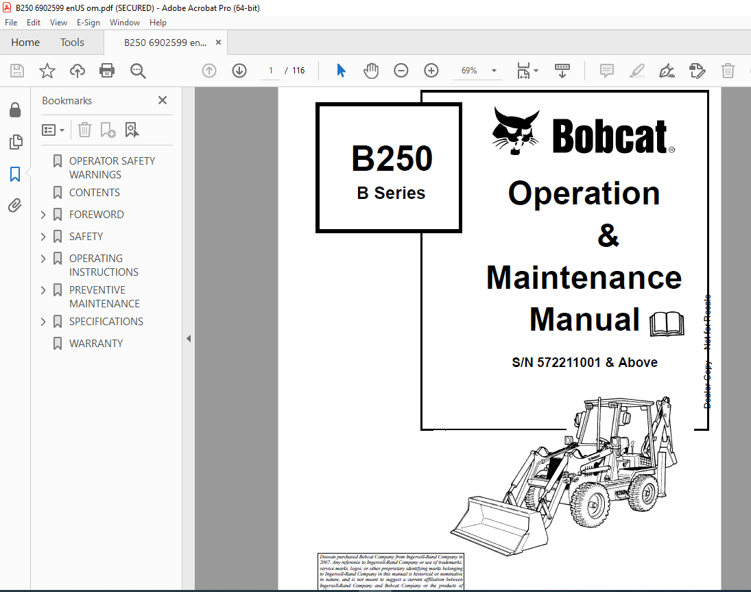 Bobcat B250 B Series Backhoe Loader Operation & Maintenance Manual SN ...