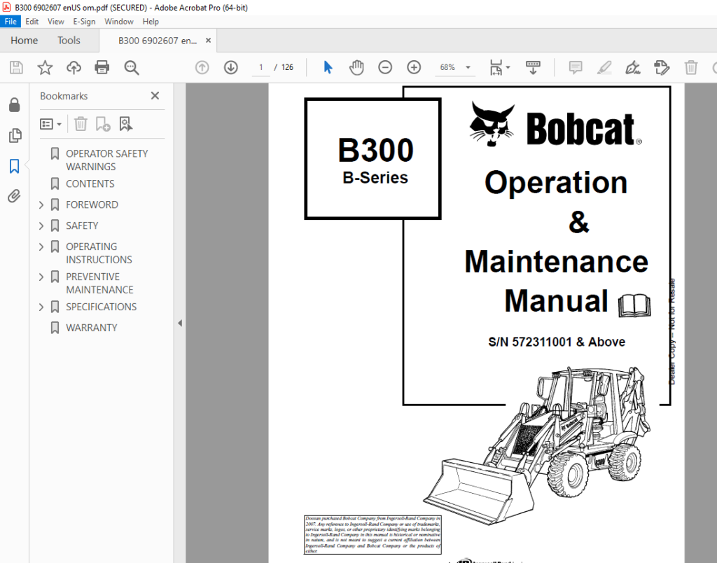 Bobcat B300 B-Series Backhoe Loader Operation & Maintenance Manual SN ...