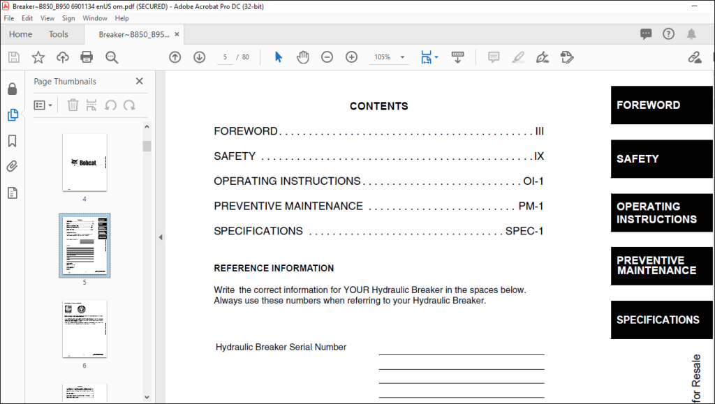 Bobcat B850 B950 Hydraulic Breaker Operation & Maintenance Manual - PDF ...