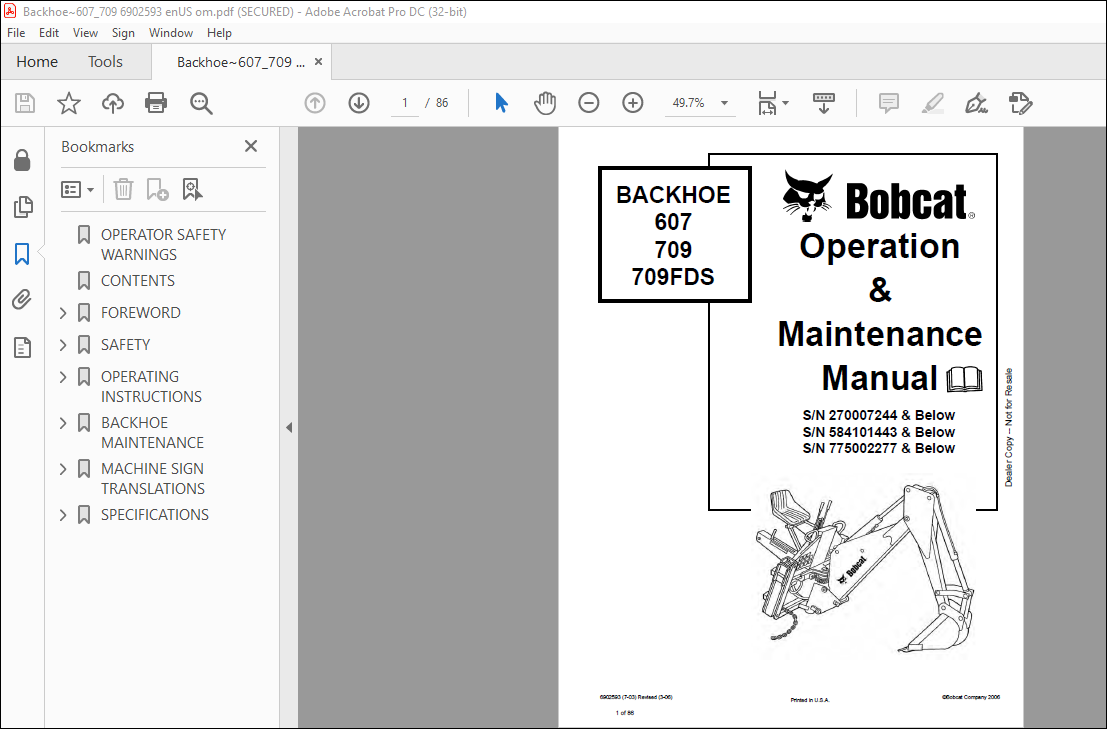 Bobcat BACKHOE 607 709 709FDS Operation & Maintenance Manual - PDF ...