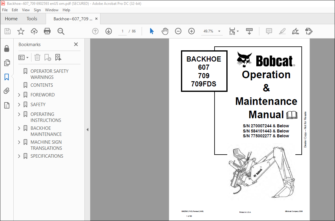 Bobcat BACKHOE 607 709 709FDS Operation & Maintenance Manual - PDF