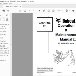 Bobcat BACKHOE 811 Operation & Maintenance Manual SN 630002837 & Above -  PDF DOWNLOAD