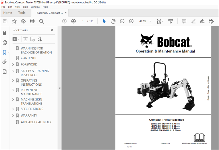 Bobcat Compact Tractor Backhoe BH66 BH76 BH86 BH86-5 Operation