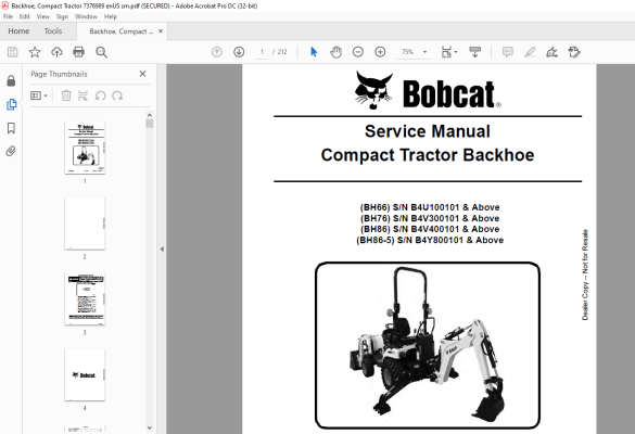 Bobcat Compact Tractor Backhoe BH66 BH76 BH86 BH86 5 Service Manual