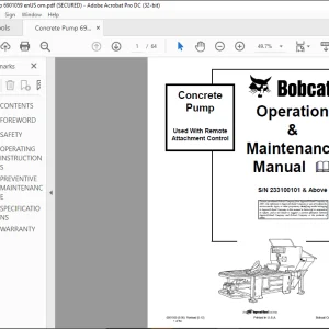 Bobcat Concrete Pump Used With Remote Attachment Control Operation & Maintenance Manual SN 233100101 & Above - PDF DOWNLOAD
