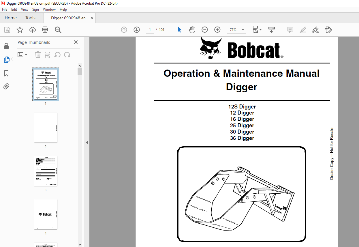 Bobcat Digger 12S 12 16 25 30 36 Operation & Maintenance Manual - PDF ...