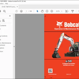 Bobcat E145 Compact Excavator Operation & Maintenance Manual SN B4WU11001 & Above -  PDF DOWNLOAD