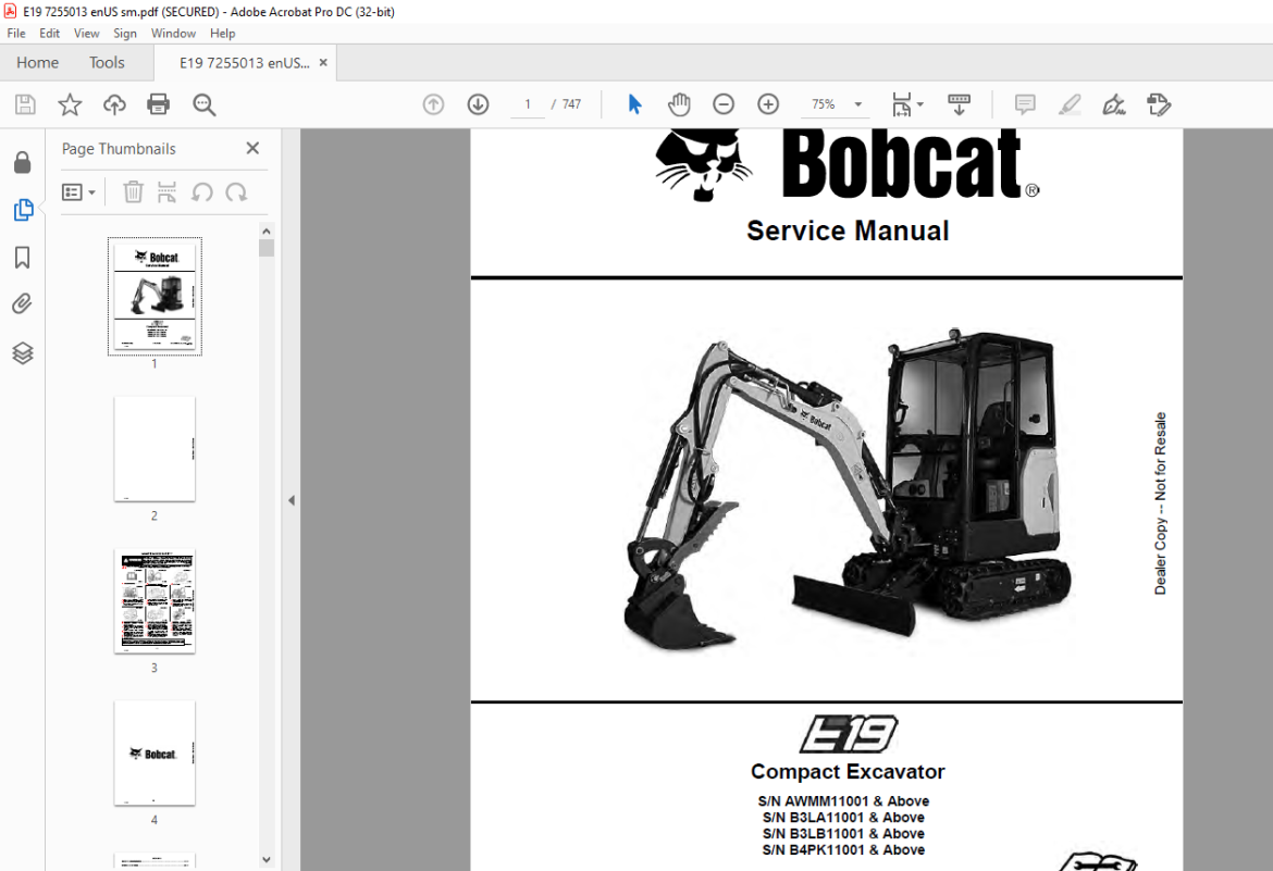 Bobcat E19 Compact Excavator Service Manual 7255013 (07-20) - PDF ...