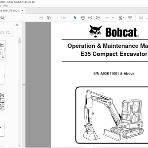 Bobcat E35 Compact Excavator Operation & Maintenance Manual SN A93K11001 & Above  - PDF DOWNLOAD