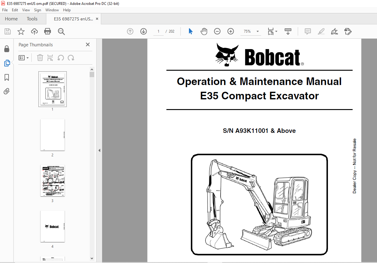 Bobcat E35 Compact Excavator Operation & Maintenance Manual SN ...