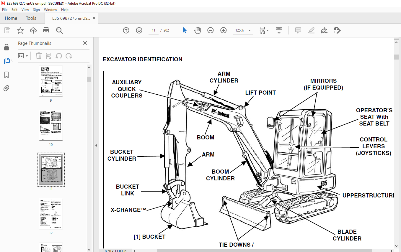 Bobcat E35 Compact Excavator Operation & Maintenance Manual SN