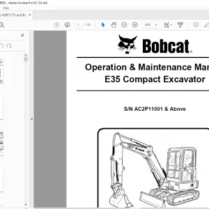 Bobcat E35 Compact Excavator Operation & Maintenance Manual SN AC2P11001 & Above  - PDF DOWNLOAD